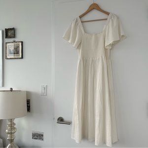 Linen-Blend Lucie Smocked Midi Dress (Color: Lighthouse, Size: M)